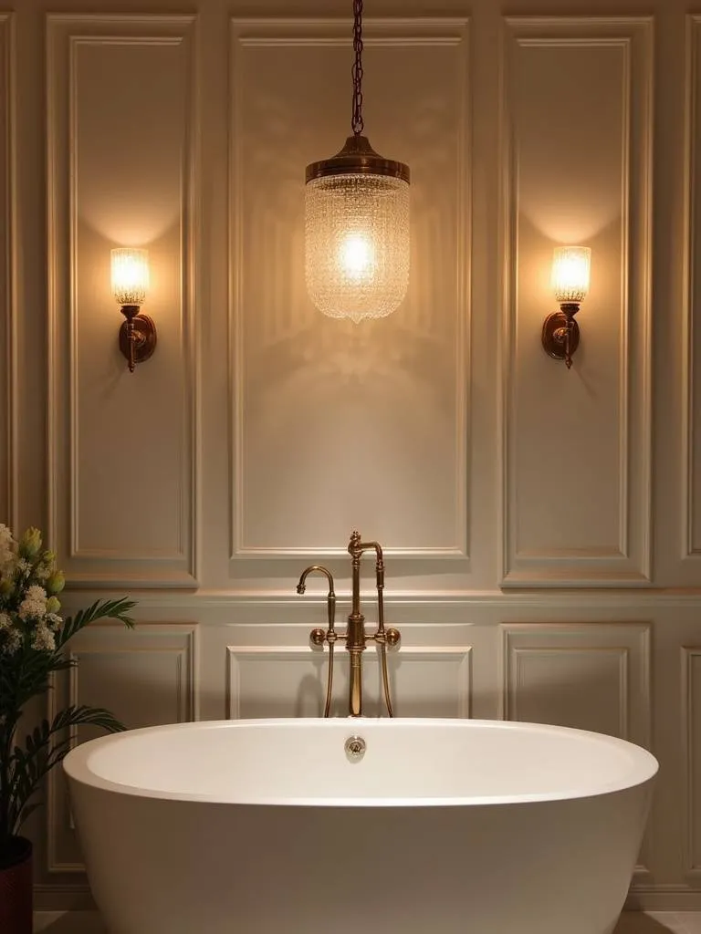 A luxurious bathroom with carefully curated designer lighting fixtures and various light sources.