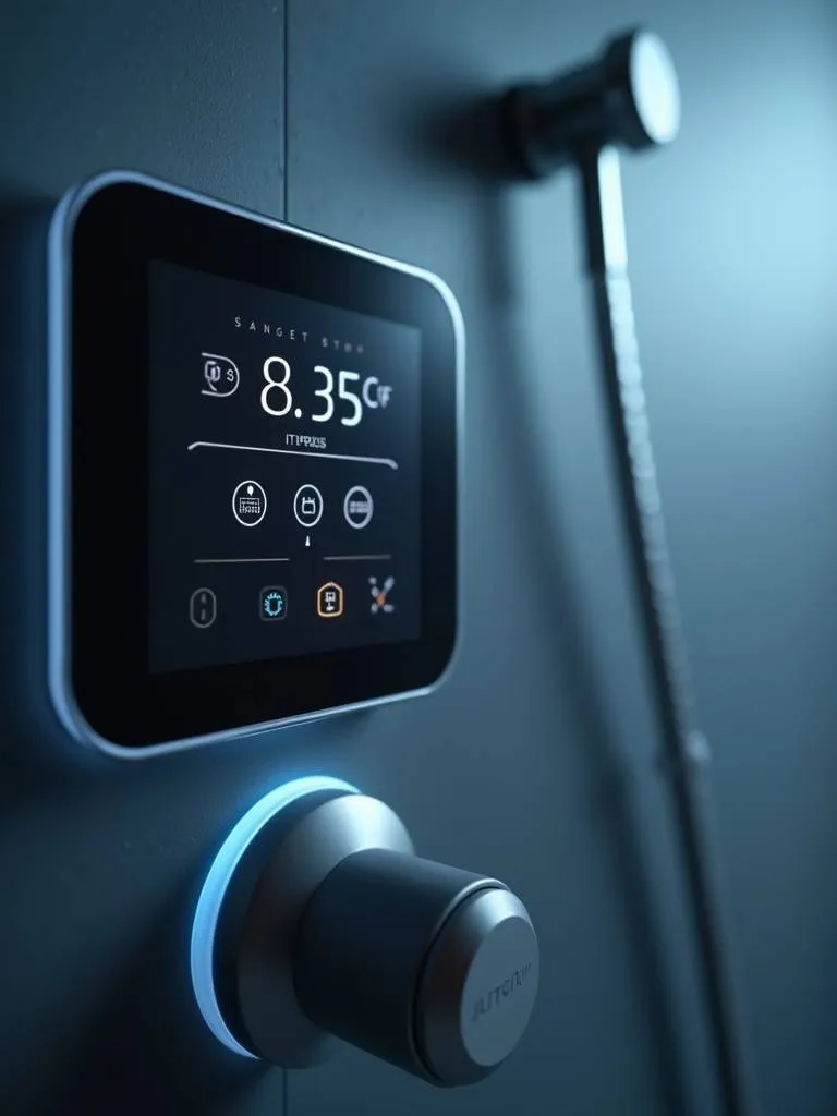 A digital shower control panel featuring a sleek touchscreen interface.