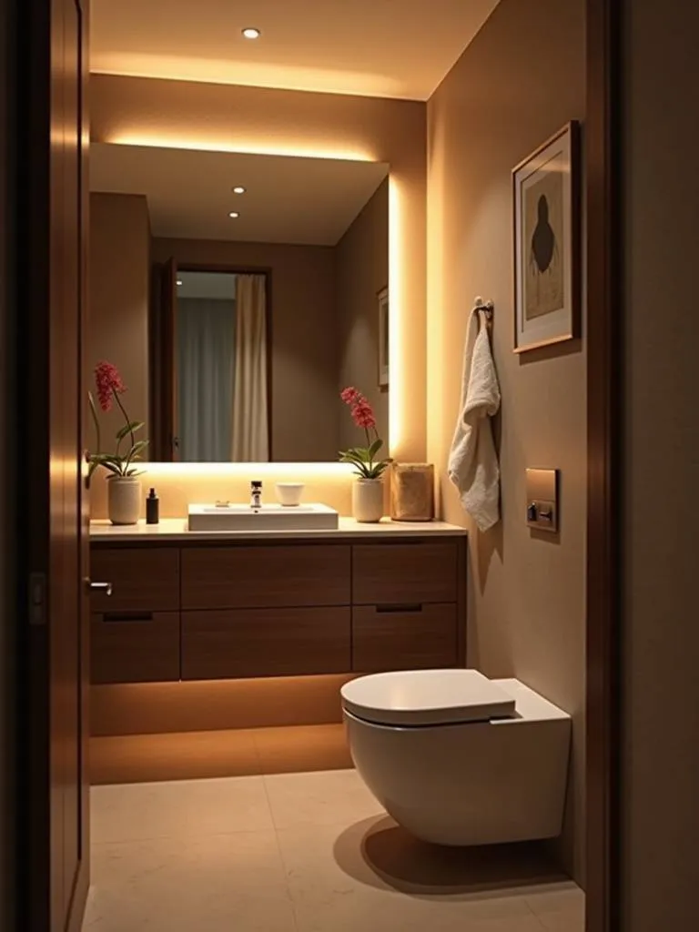 A cozy modern bathroom featuring dimmable vanity lighting set to a warm, low level, creating a relaxing and ambient atmosphere in the vanity area.
