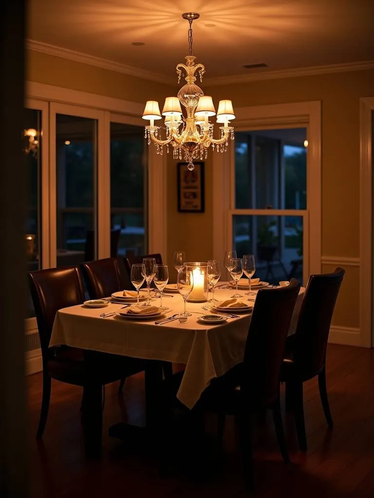 Dining room ambiance created by dimmable chandelier lighting for a romantic dinner setting