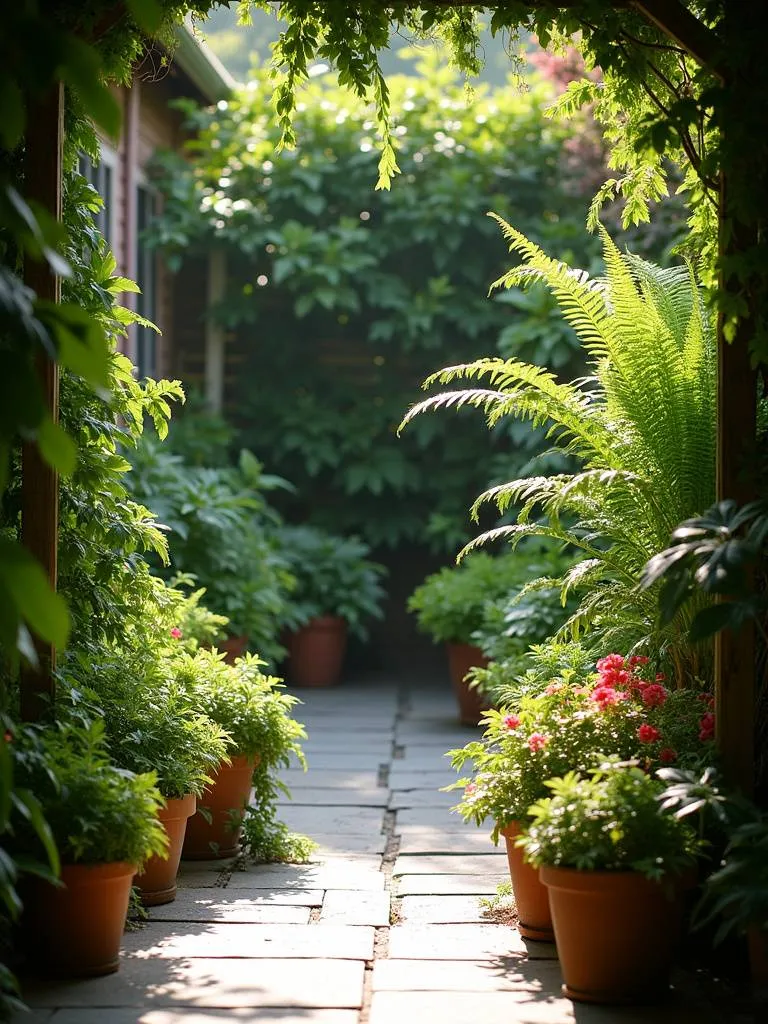 Shaded patio garden featuring ferns, hostas, and begonias, creating a cool and refreshing green retreat.