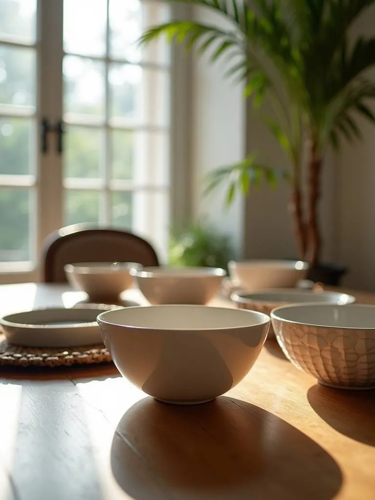 A variety of decorative bowls add dimension to a dining area.