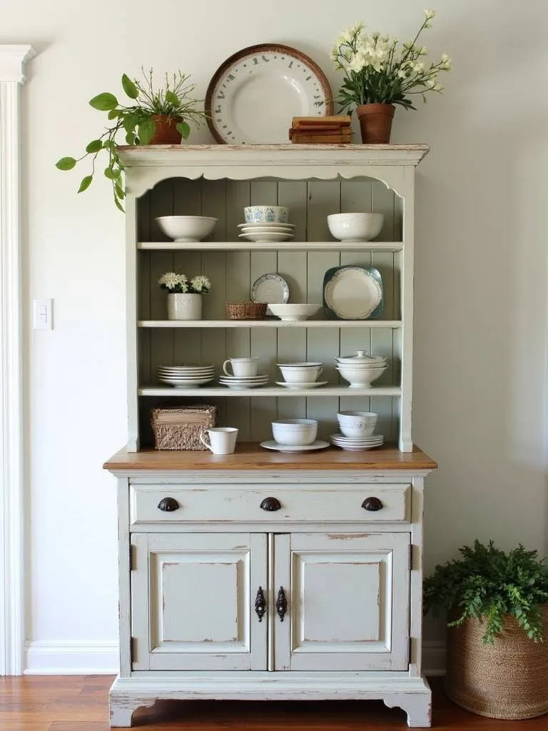 Weathered farmhouse furniture piece showcasing careful styling and integration with modern kitchen elements.
