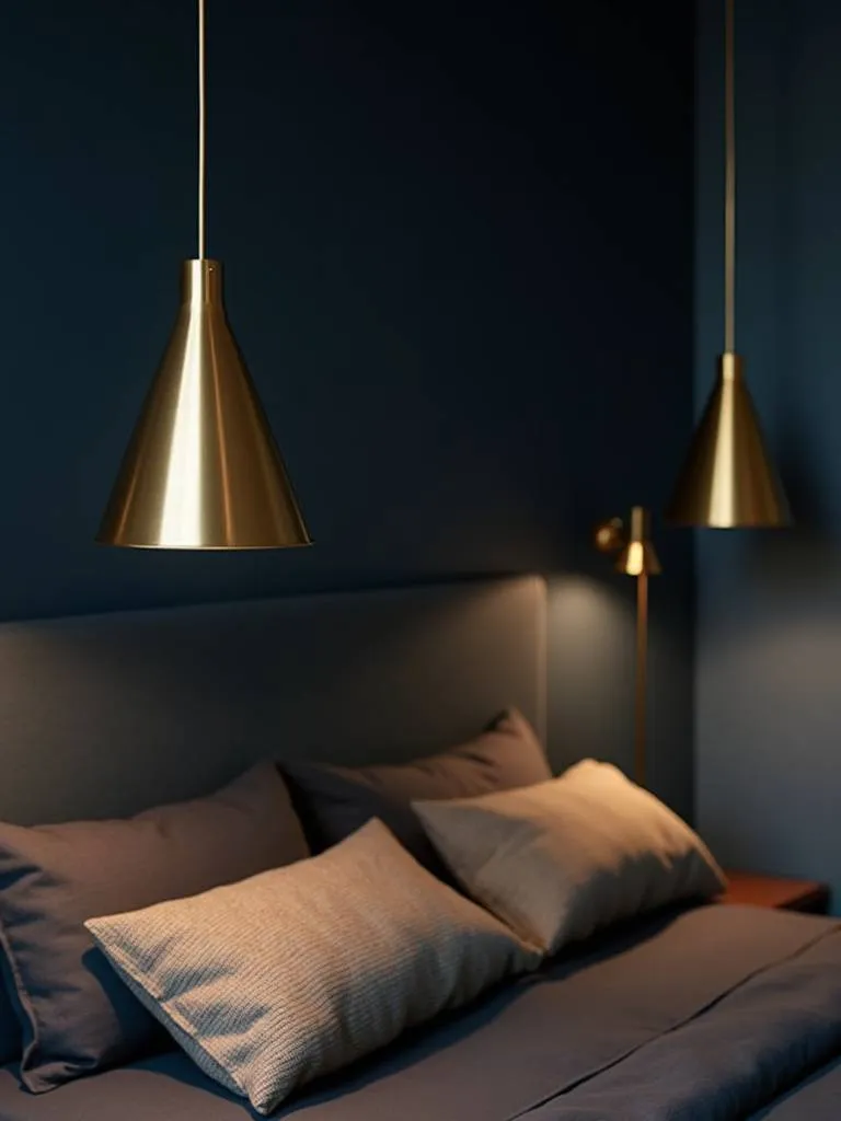 Contemporary bedroom featuring brass pendant lights hanging as bedside lamps.
