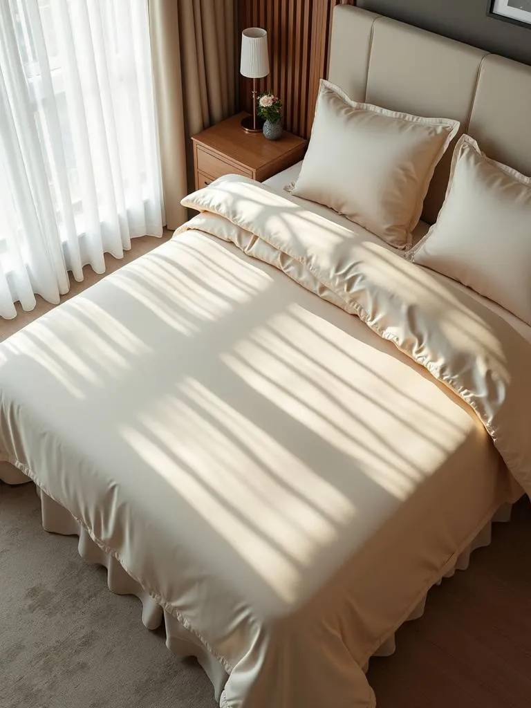 Elegant luxury bedroom showcasing smooth ivory silk bedding with soft natural light.