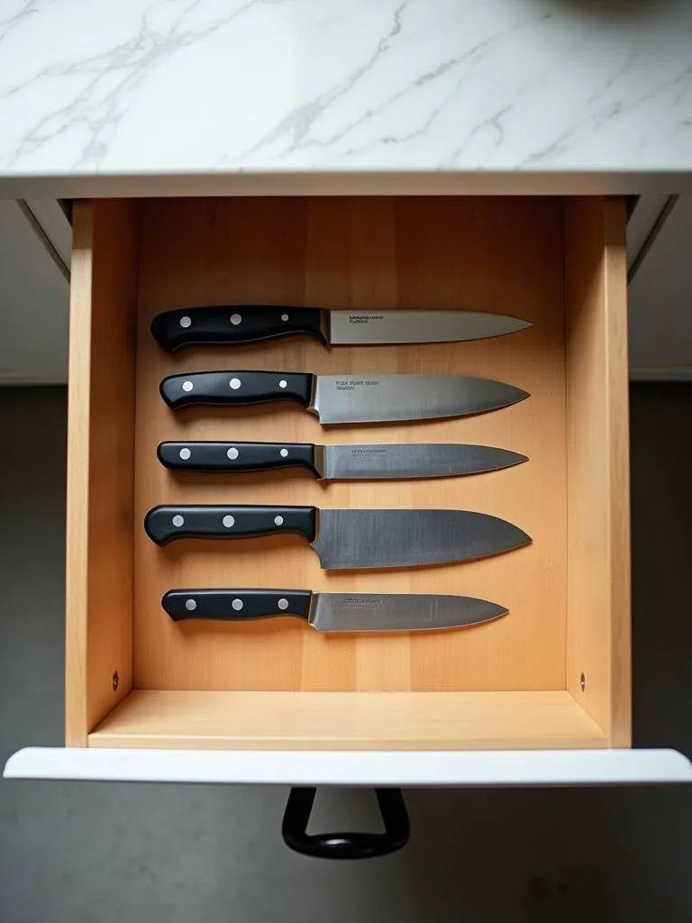 Drawer knife block insert in a kitchen drawer, safely and neatly storing knives horizontally.