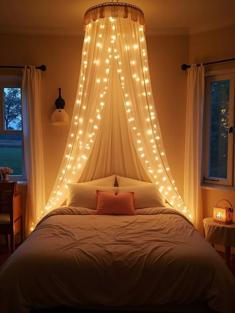 A nighttime view of a cozy bedroom with a dreamy fairy light canopy above the bed, casting a soft warm glow and creating a magical and enchanting atmosphere