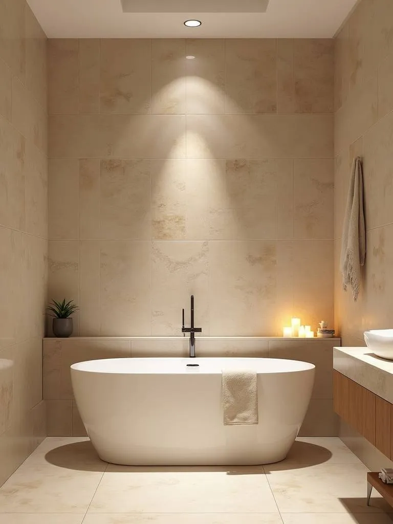 Spa-like bathroom with travertine stone tiles on the walls surrounding a freestanding bathtub, creating a natural and relaxing atmosphere.