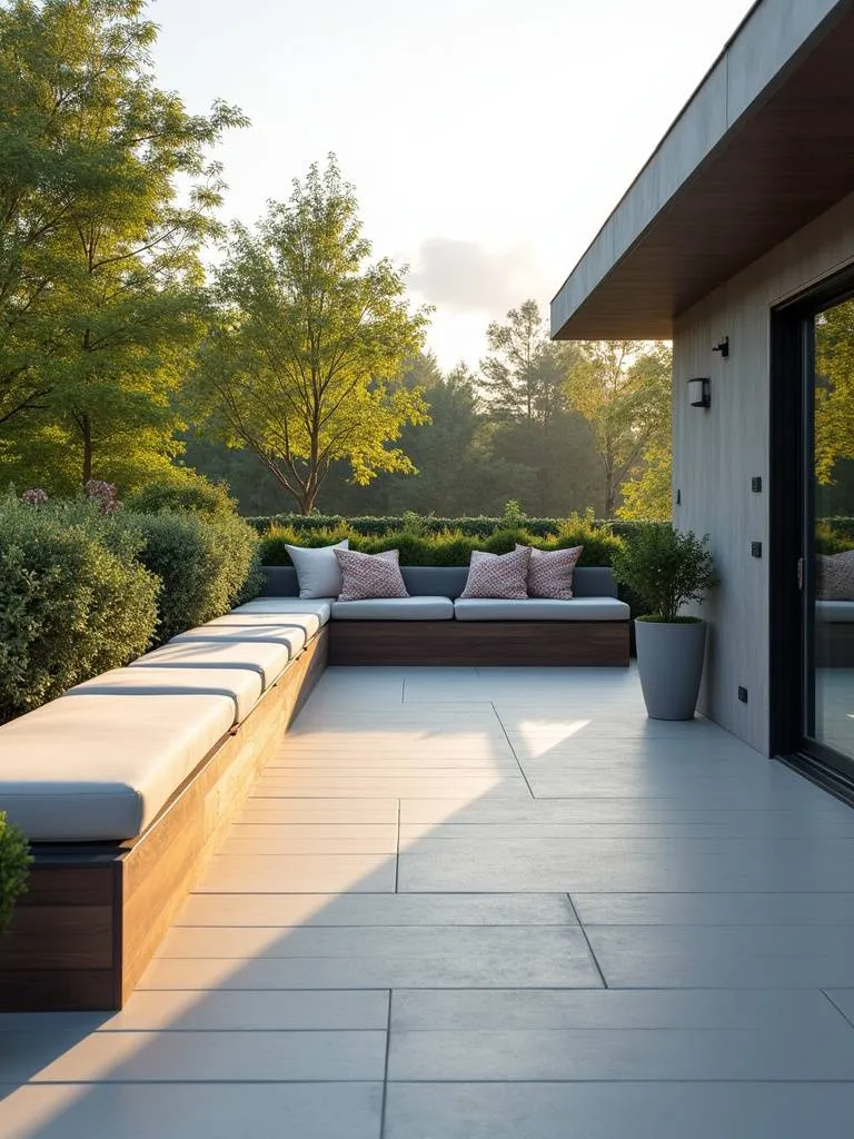 Modern deck featuring elegant built-in bench seating with cushions, creating a seamless and functional design with clean lines and potted plants.