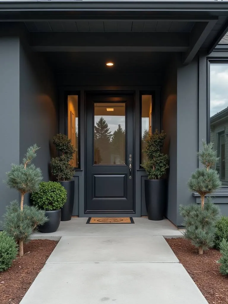Sleek elegant charcoal colored porch with minimalist decor