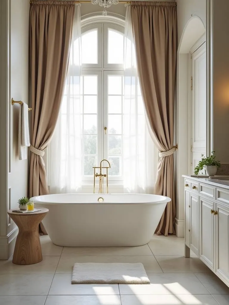 Elegant bathroom window treatments featuring luxurious fabrics and designs.