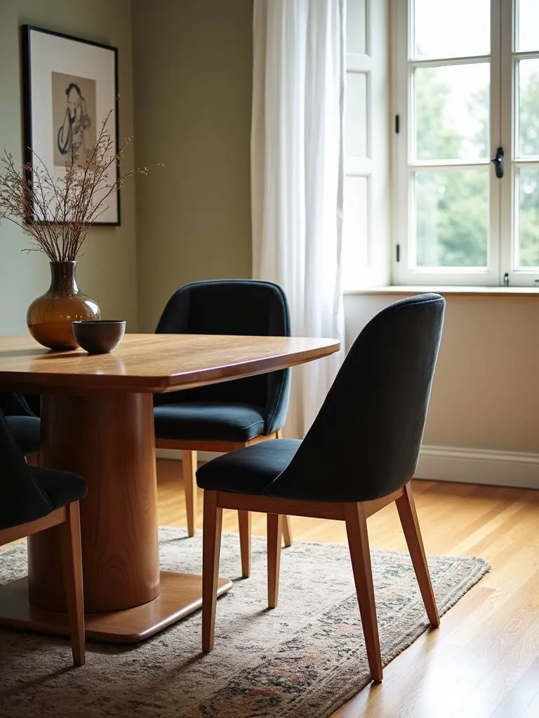 Velvet chairs around a dining table, illuminated by natural light.