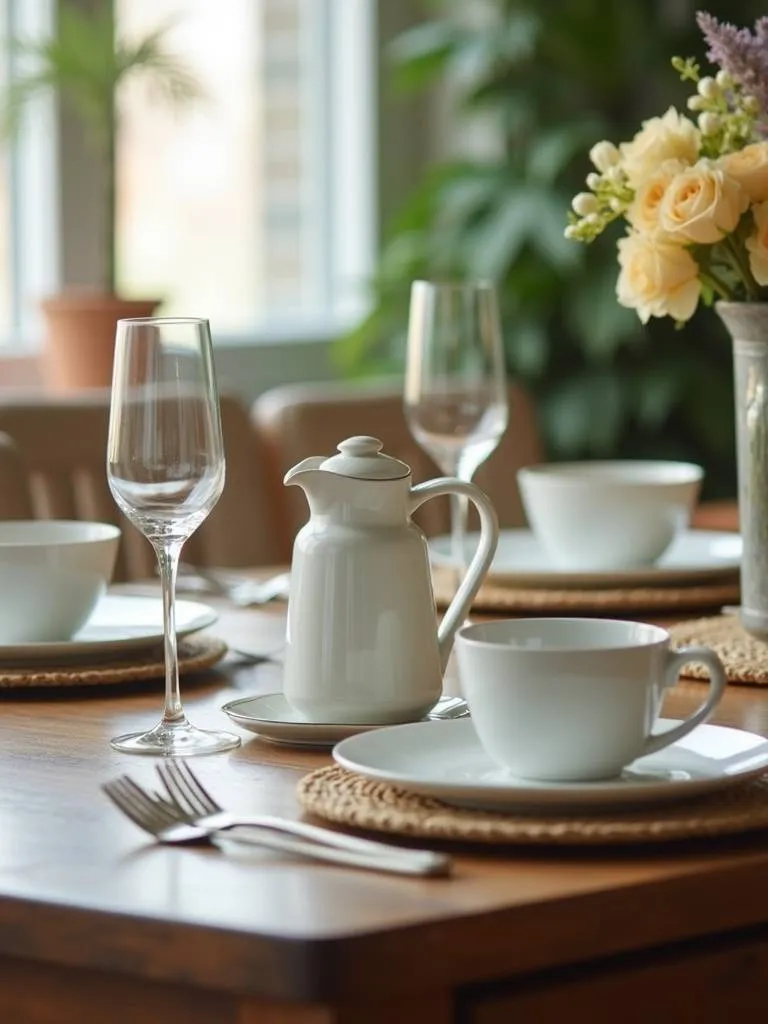 An elegant dinnerware set laid out on a dining table, with great lighting.