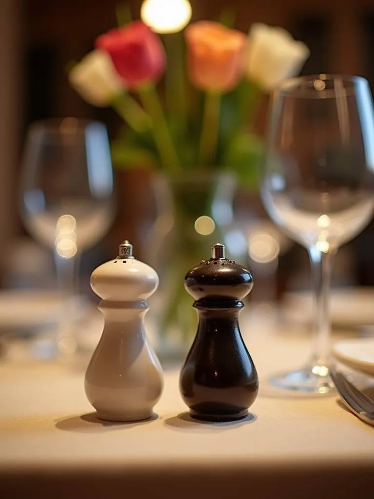 Stylish salt and pepper shakers add detail to a dining table setup.