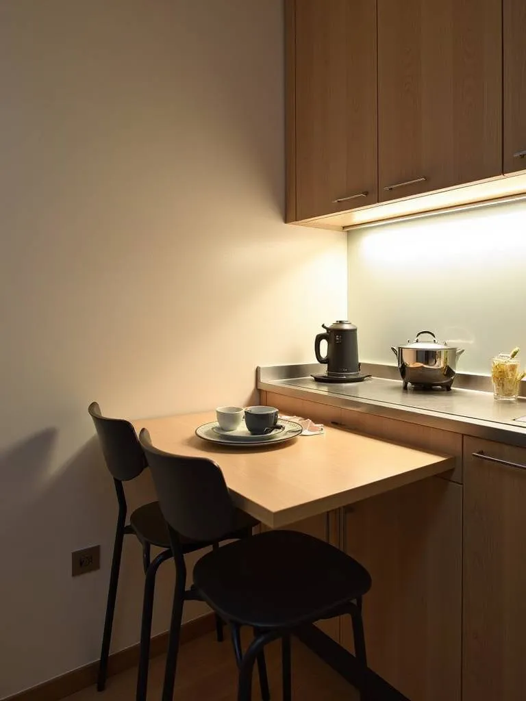 Apartment kitchen featuring a fold-down table providing instant dining space.