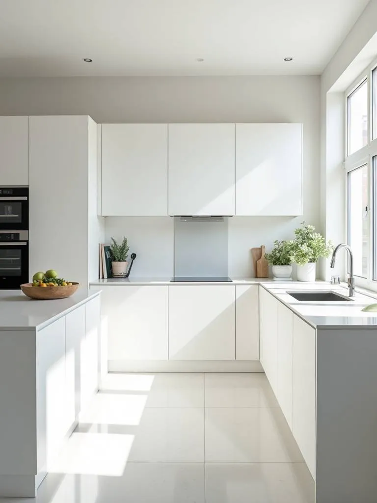 A bright, minimalist contemporary kitchen with white countertops and handleless cabinet
