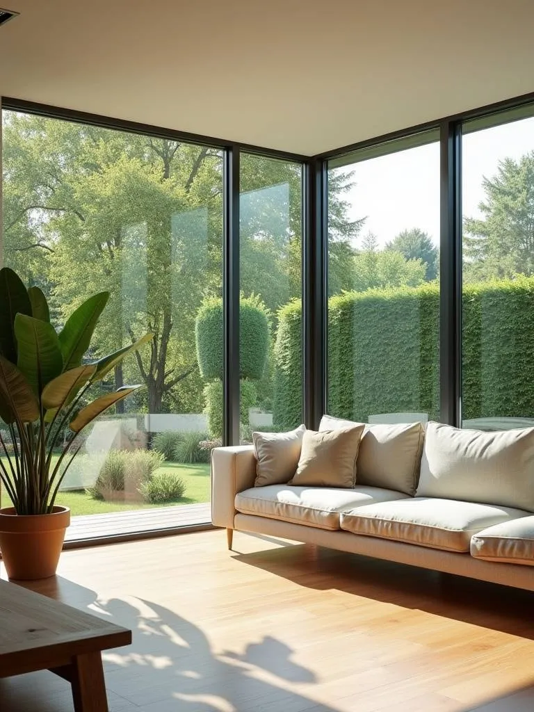 “Bright and airy living room with floor-to-ceiling windows showcasing a garden view, filled with natural daylight and minimalist decor.”