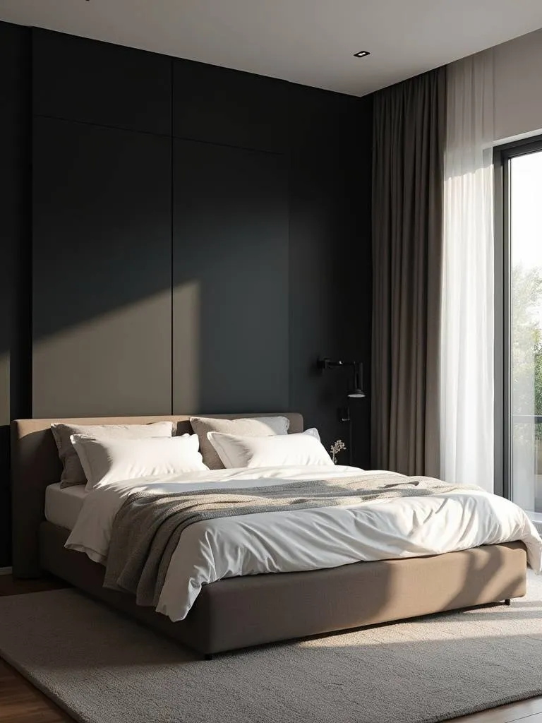 Minimalist bedroom with a dramatic black accent wall behind a king-sized bed, bathed in soft morning light.