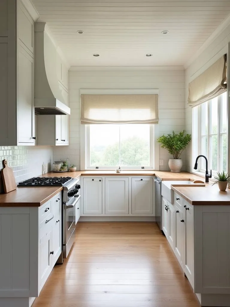 Bright and airy coastal kitchen with whitewashed cabinets and walls, light wood countertops, and natural light.