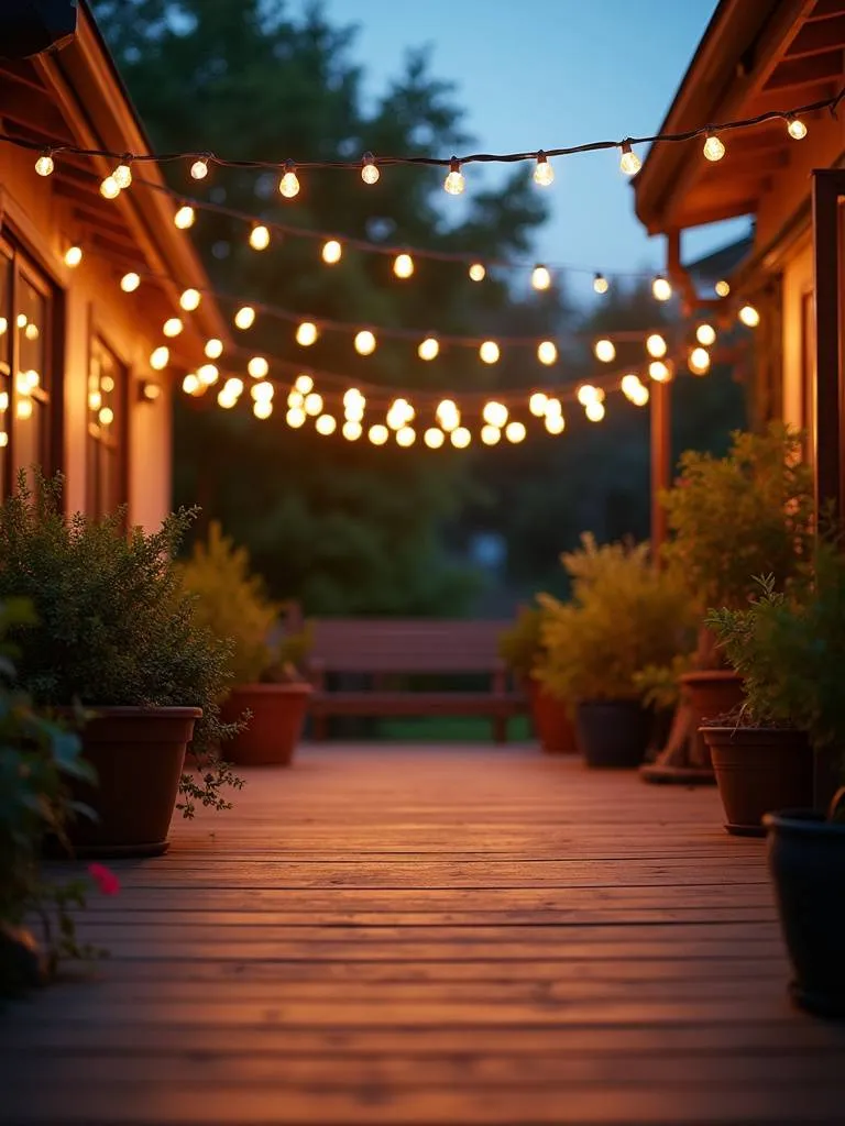 Deck at dusk illuminated by a canopy of warm white string lights, creating a magical and inviting outdoor space.