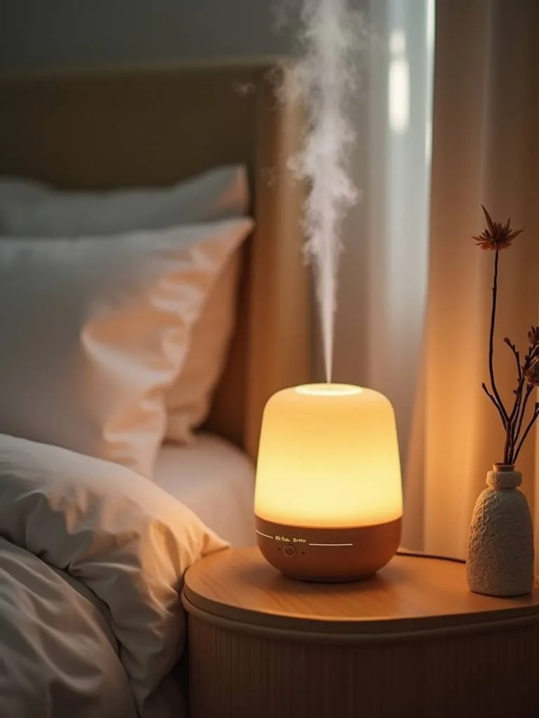 A close-up of an essential oil diffuser on a bedside table in a cozy bedroom, emitting a gentle mist, creating a calming and aromatic atmosphere