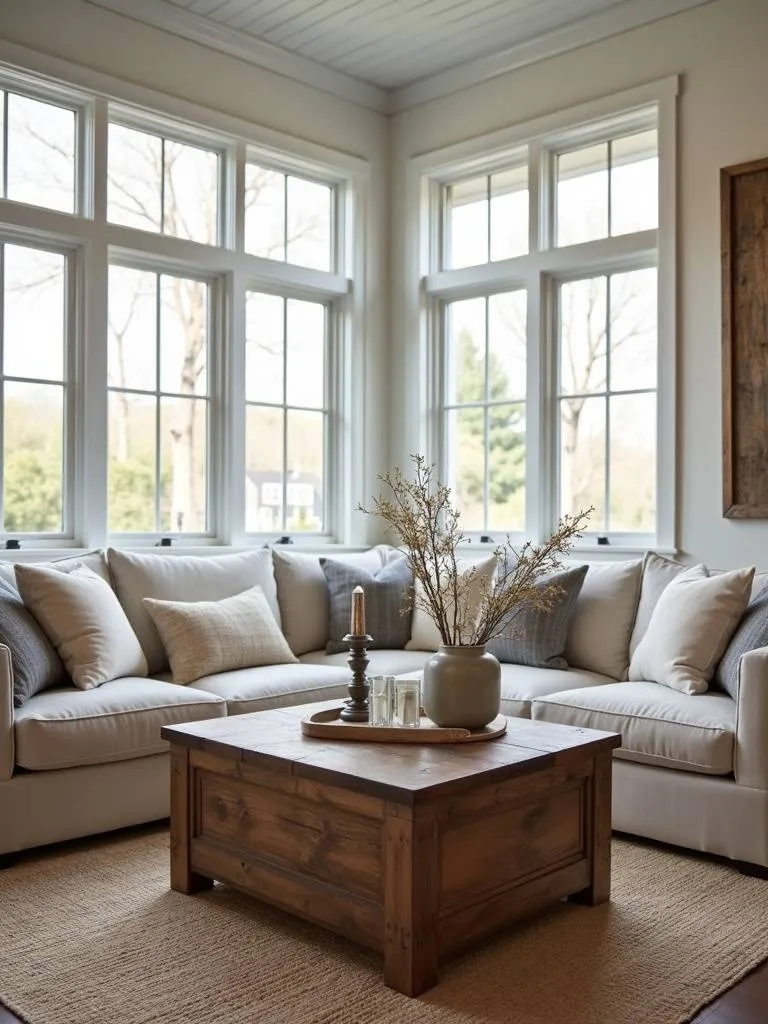 “Modern farmhouse living room with rustic wood coffee table, shiplap walls, and natural materials, creating a charming and comfortable space.”