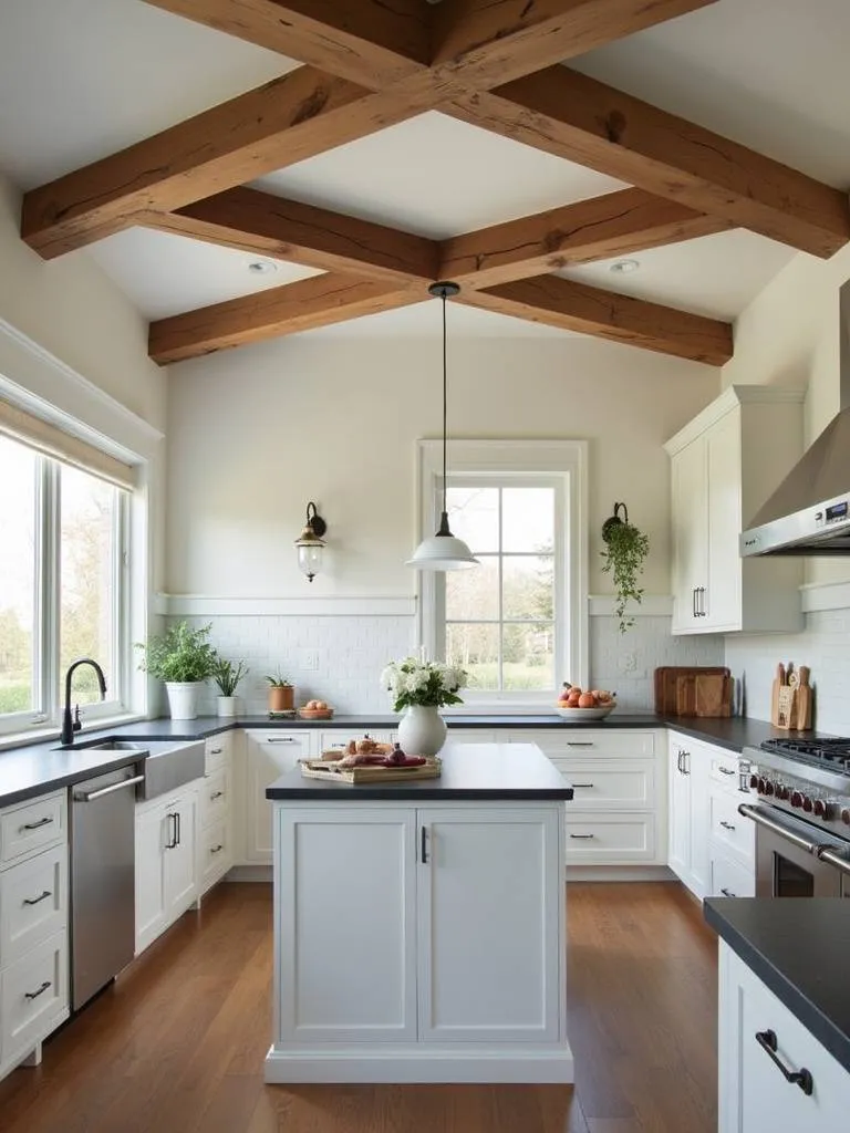 Farmhouse kitchen featuring exposed wooden ceiling beams against a white backdrop, showcasing architectural detail and rustic charm.