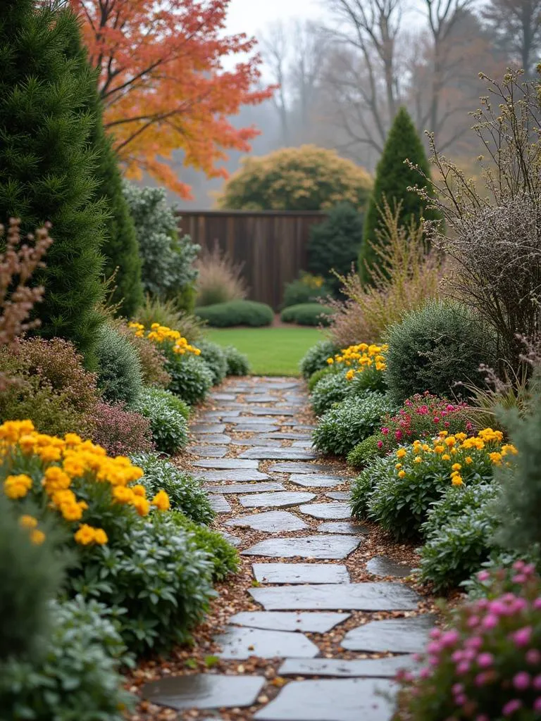 Patio garden in autumn featuring cold-hardy plants and fall foliage, extending the beauty of the garden into the cooler seasons.