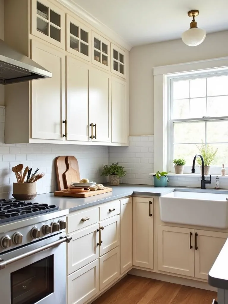 Cozy farmhouse kitchen featuring a white beadboard backsplash and cream colored cabinets