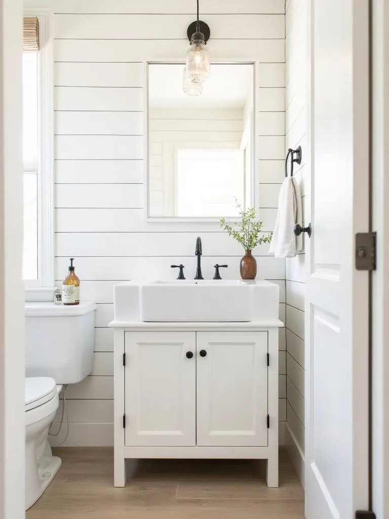 “A white farmhouse vanity with shiplap detail and an apron-front sink in a charming small bathroom.”