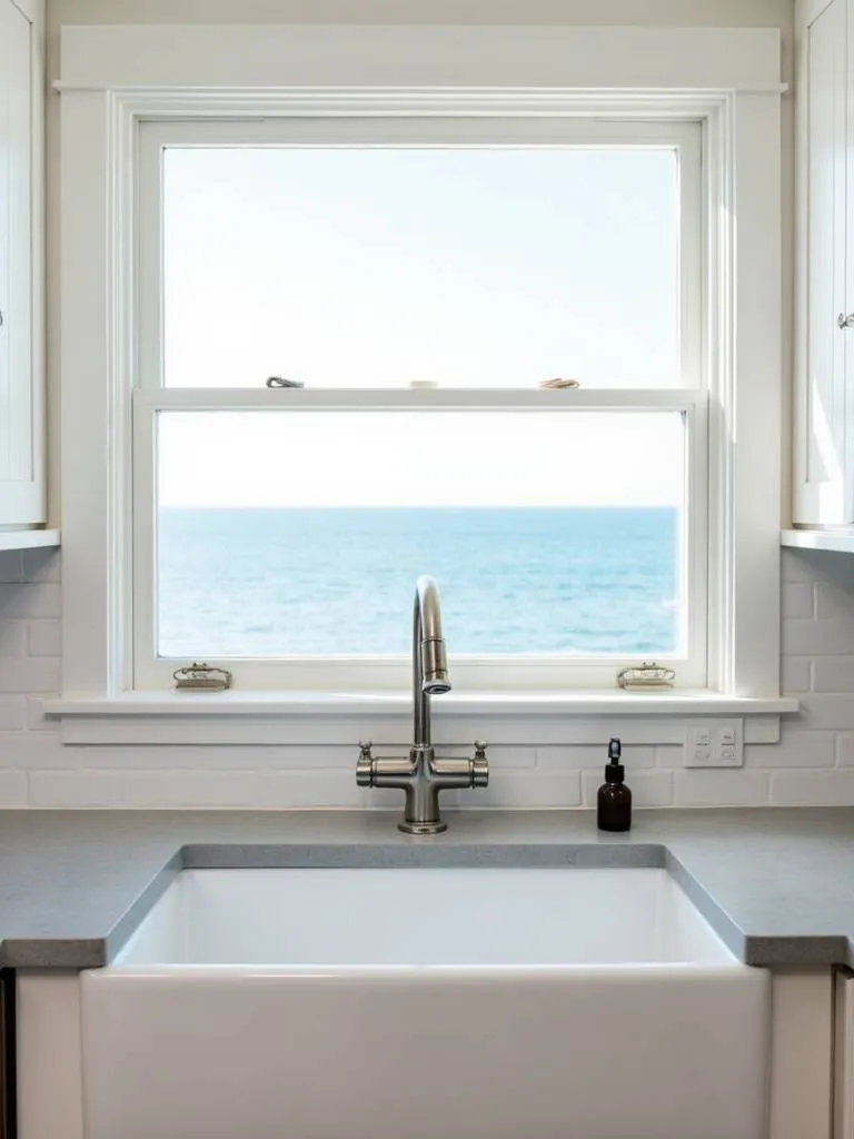 Coastal kitchen featuring a white farmhouse sink with a brushed nickel bridge faucet.