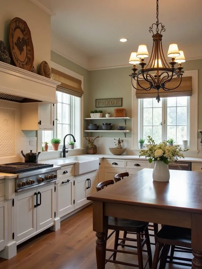 Classic farmhouse kitchen illuminated by a wooden chandelier.