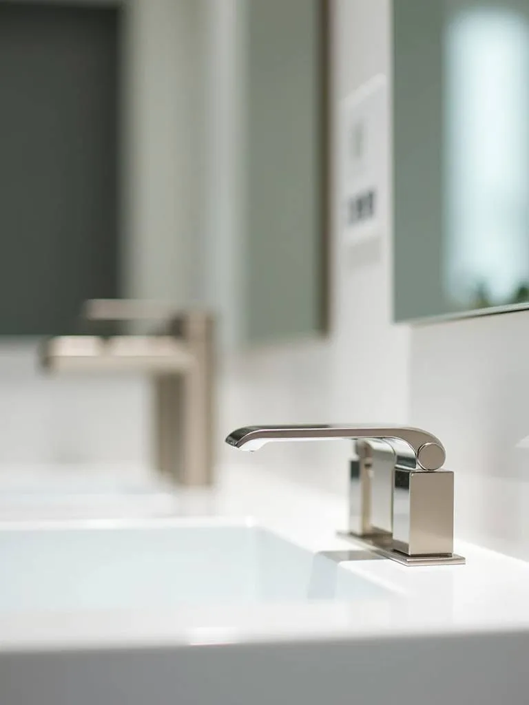 Close-up of a modern brushed nickel bathroom faucet on a white vanity