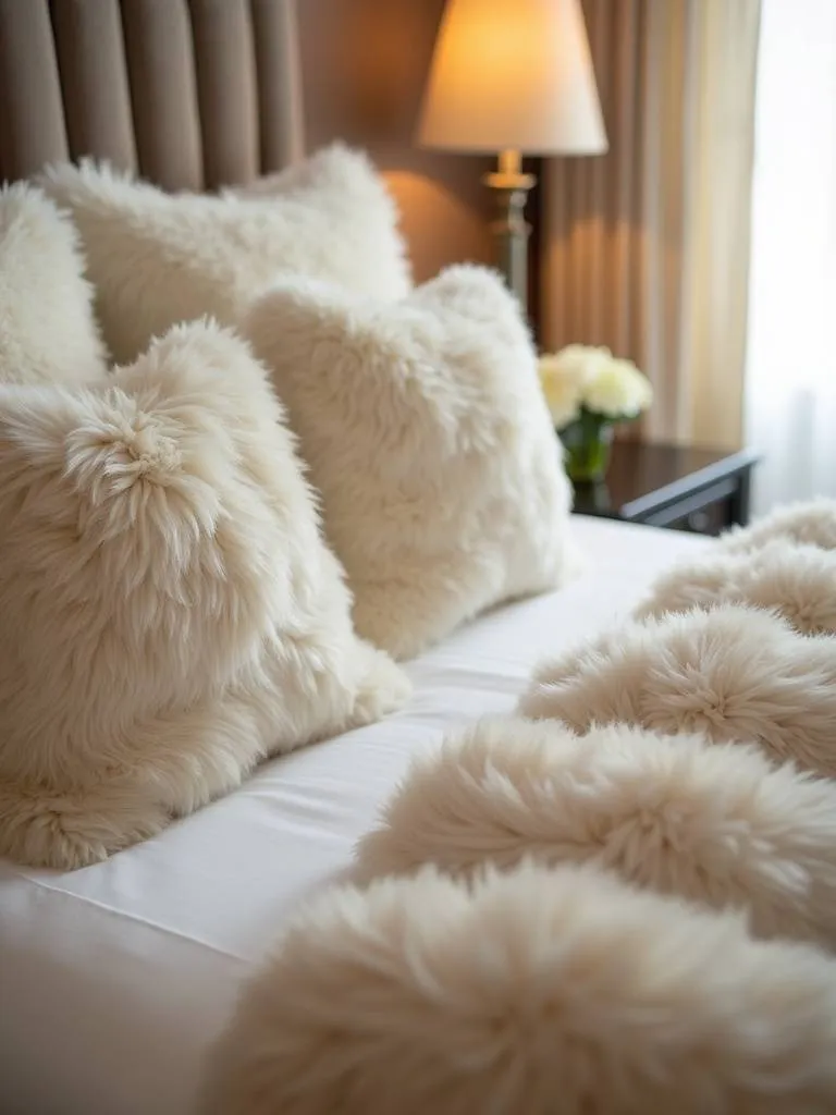A close-up of a bed adorned with cream and beige faux fur pillows, illuminated by soft bedside lamp light, emphasizing their texture and luxurious feel