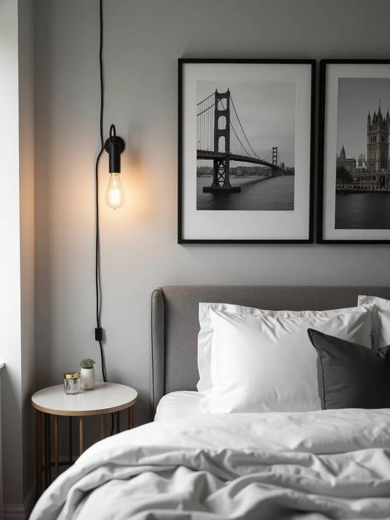 Close-up of black and white photography art pieces in black frames on a light grey bedroom wall, softly lit by wall sconces.