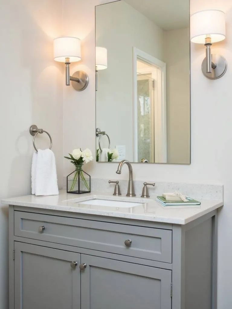 A transitional style bathroom featuring two brushed nickel sconces with white drum shades flanking a rectangular mirror above a gray shaker-style vanity. The flanking sconces provide balanced and flattering vanity lighting.