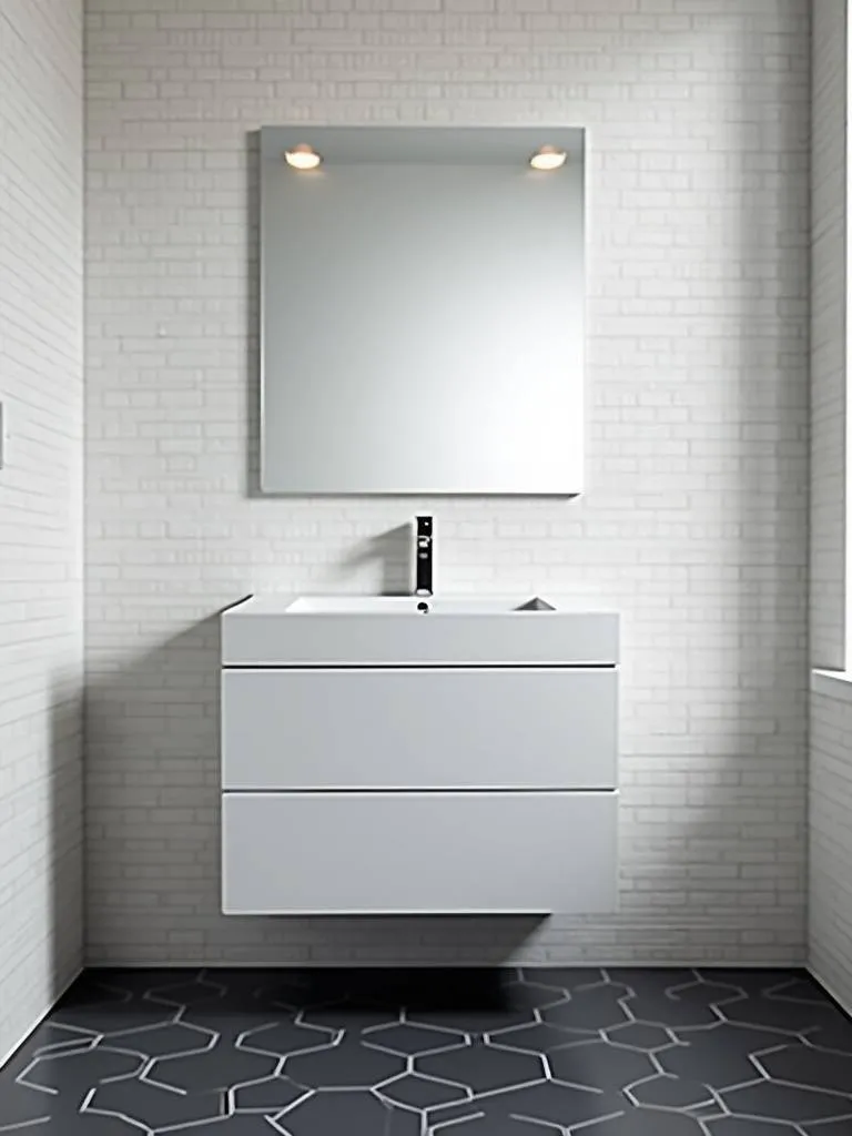 “A white wall-mounted vanity with drawers creates a floating effect in a modern bathroom.”