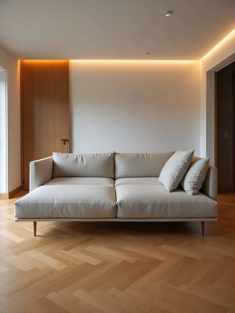 “Modern living room showcasing a floating sectional sofa in the center of the space, creating walkways and enhancing the feeling of spaciousness with hardwood floors and warm lighting.”