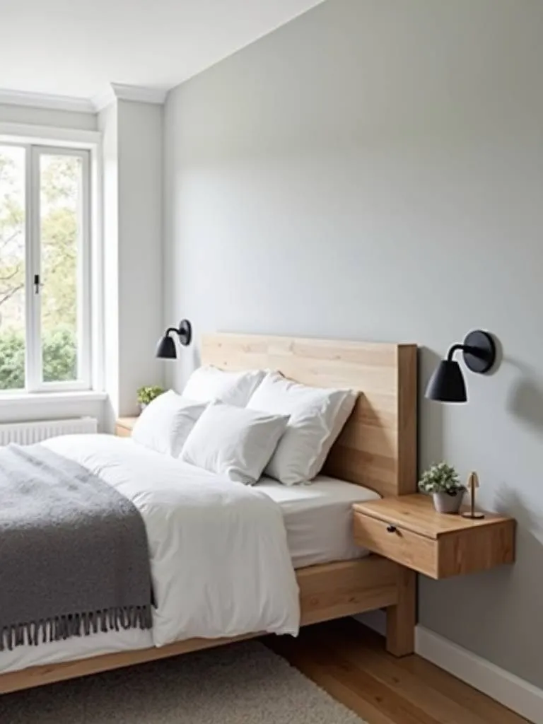 Modern bedroom with light wood floating nightstands mounted on the wall beside the bed.