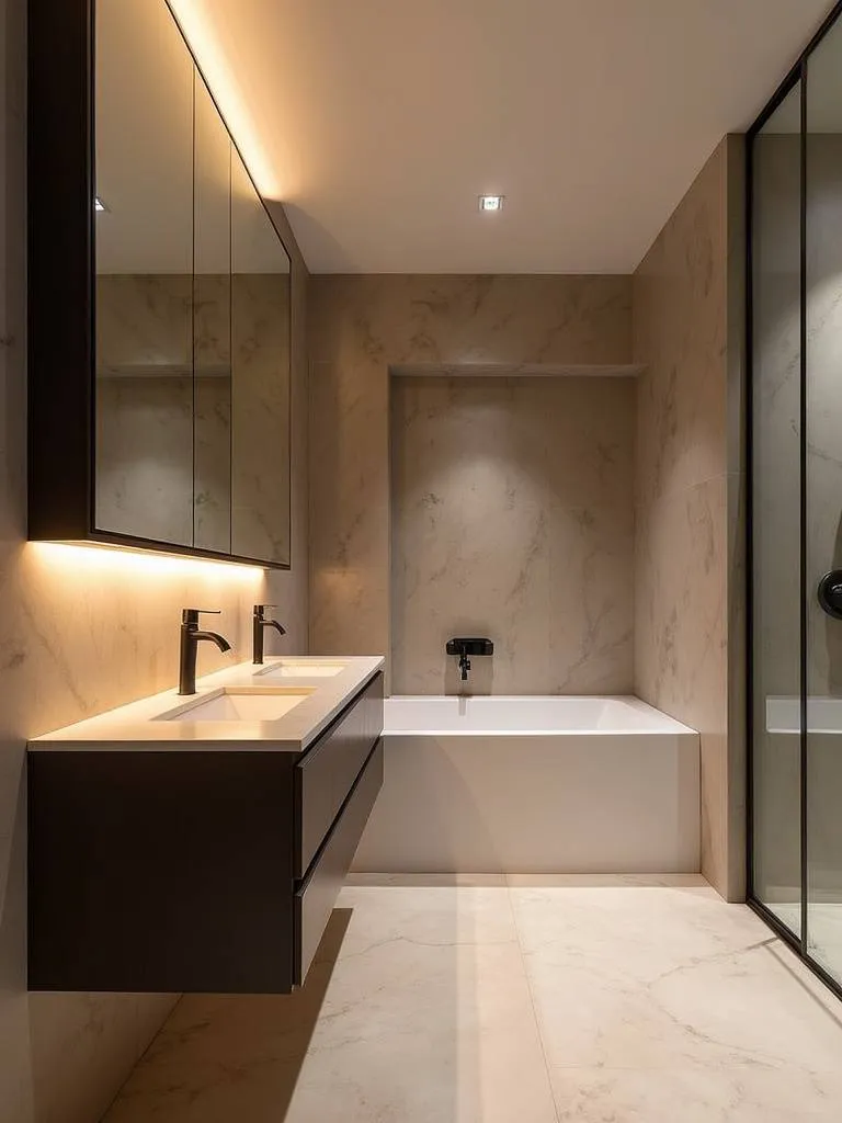 A modern bathroom with a floating vanity and integrated lighting to accentuate design.