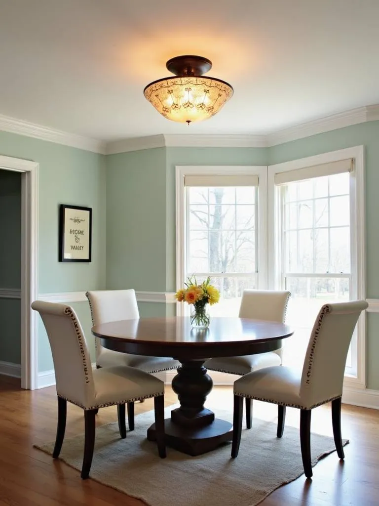 Dining room with low ceilings using a stylish flush mount light fixture