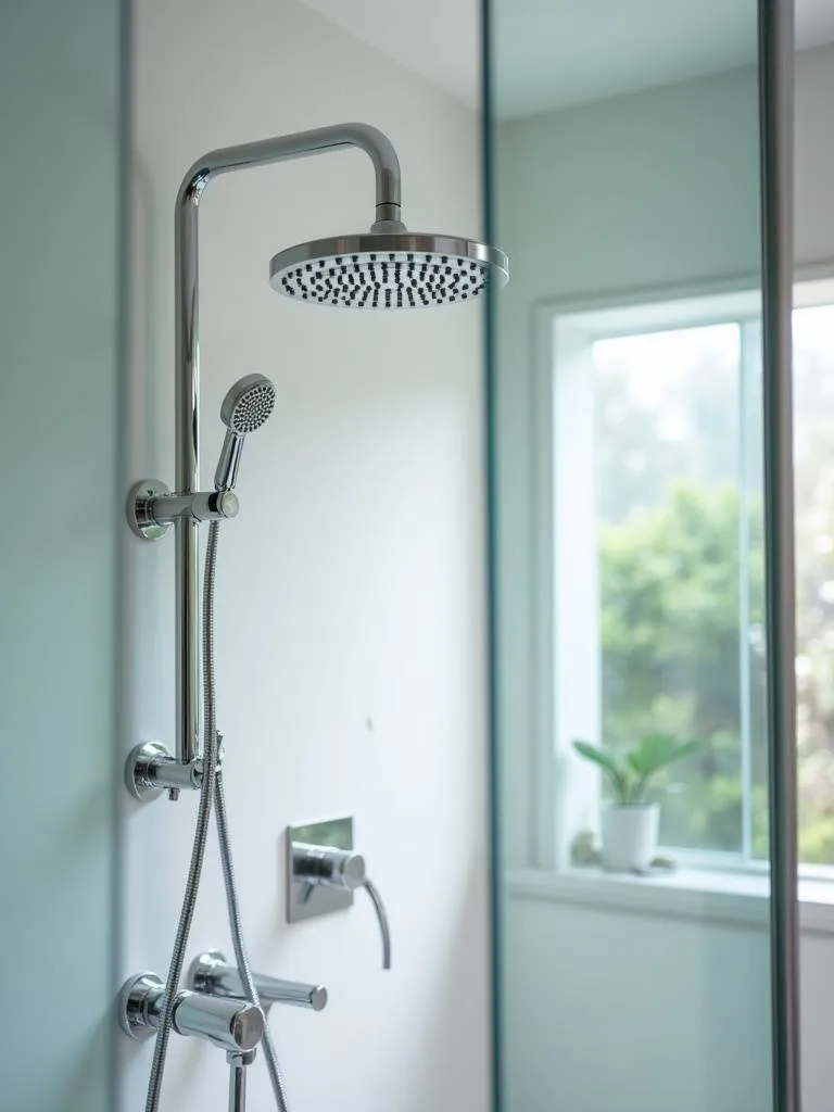 Modern bathroom shower area with a rainfall showerhead and sleek chrome fixtures