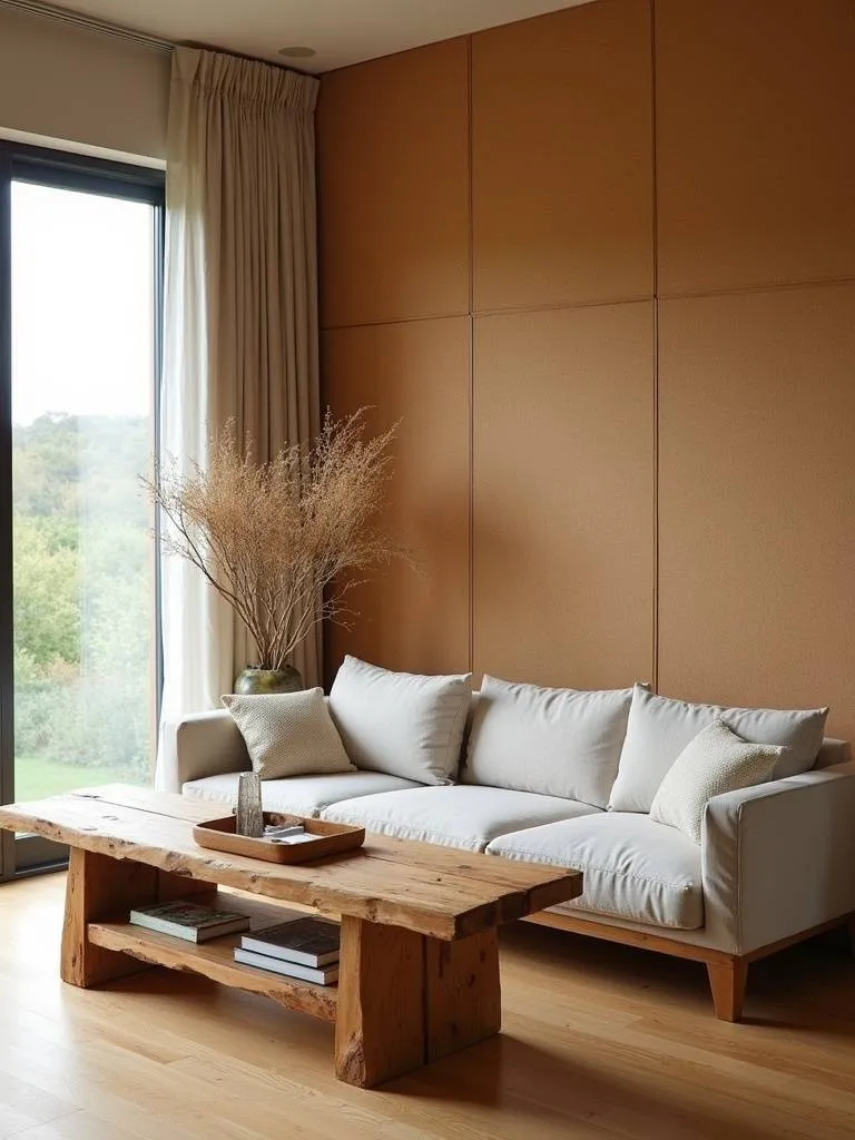 “Sustainable living room featuring bamboo flooring, reclaimed wood coffee table, and cork wall panels, showcasing eco-conscious design with natural materials.”