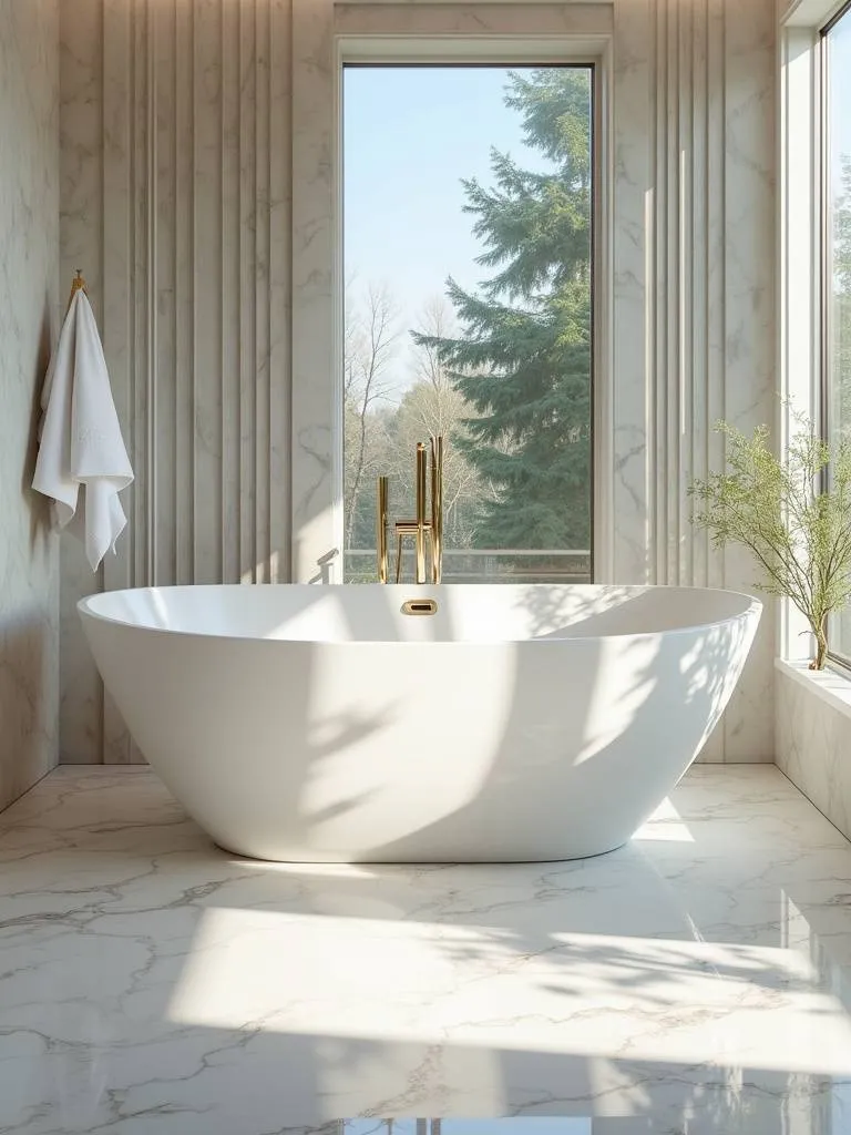 A freestanding soaking tub placed in a luxurious bathroom with a large window.