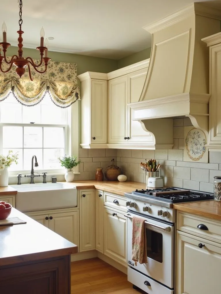 French Country kitchen with painted cabinets, light wood countertops, and charming copper and toile details