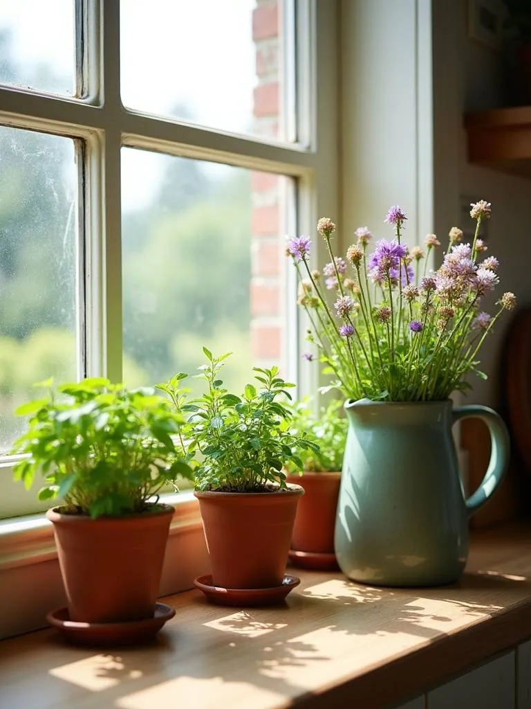 Bright kitchen windowsill garden displaying fresh herbs and wildflowers in farmhouse-style containers, bringing natural elements indoors.