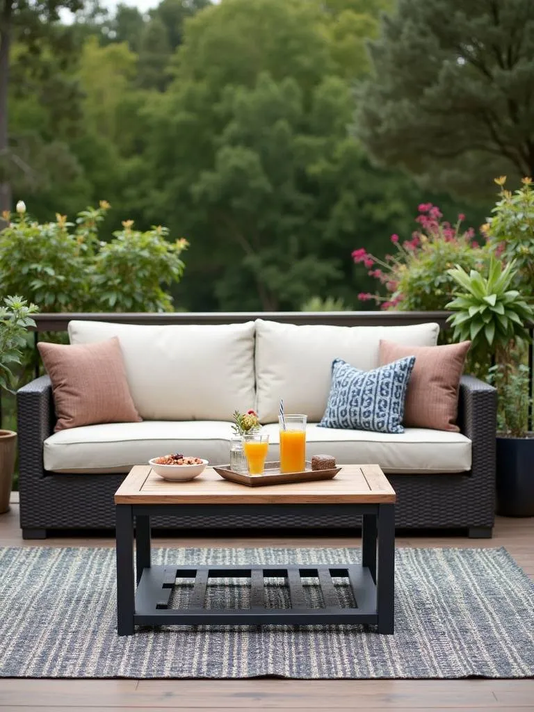 Deck lounge area featuring a functional and stylish outdoor coffee table in front of a sofa, with drinks and snacks displayed, creating an inviting space for conversation and relaxation.