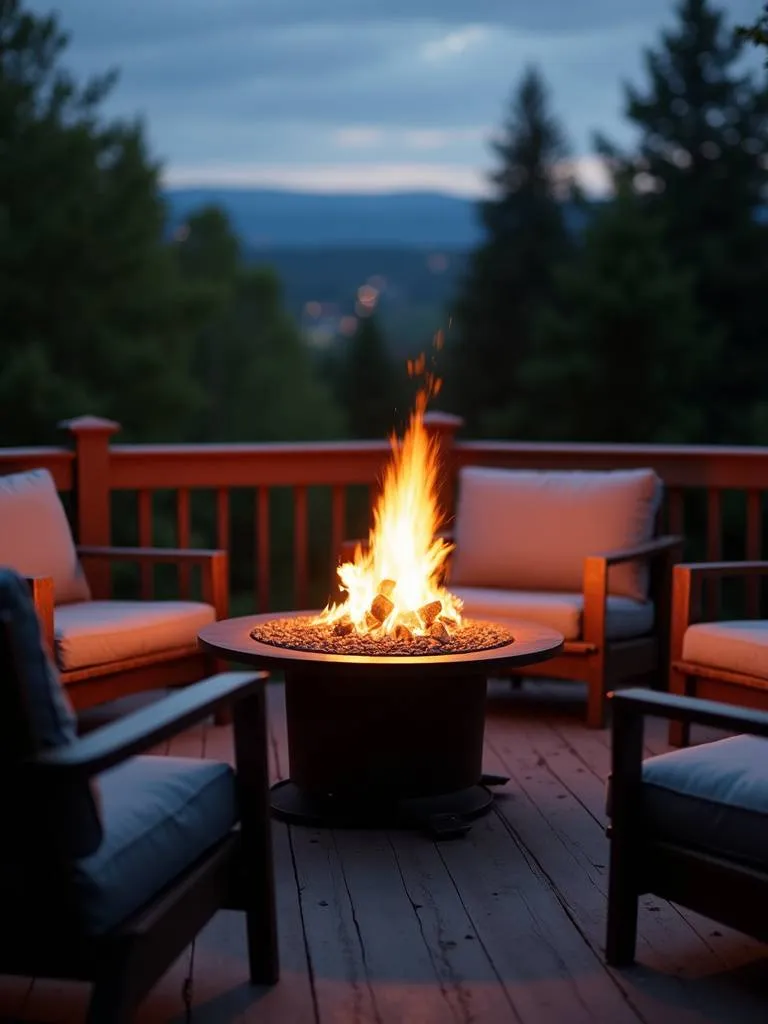 Deck at evening with a propane fire pit burning brightly, surrounded by comfortable seating, creating a cozy and inviting gathering space.