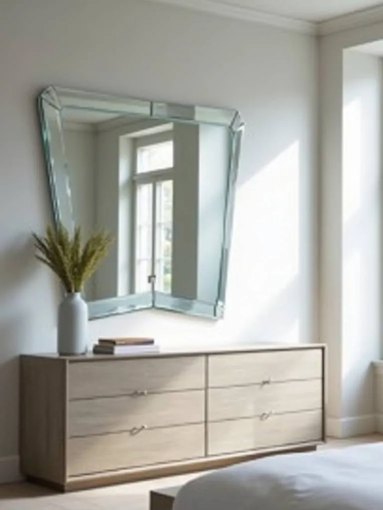 Modern bedroom featuring a large, frameless geometric mirror enhancing light and space.