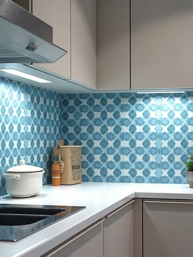 Modern kitchen with a striking blue and white geometric-patterned tile backsplash